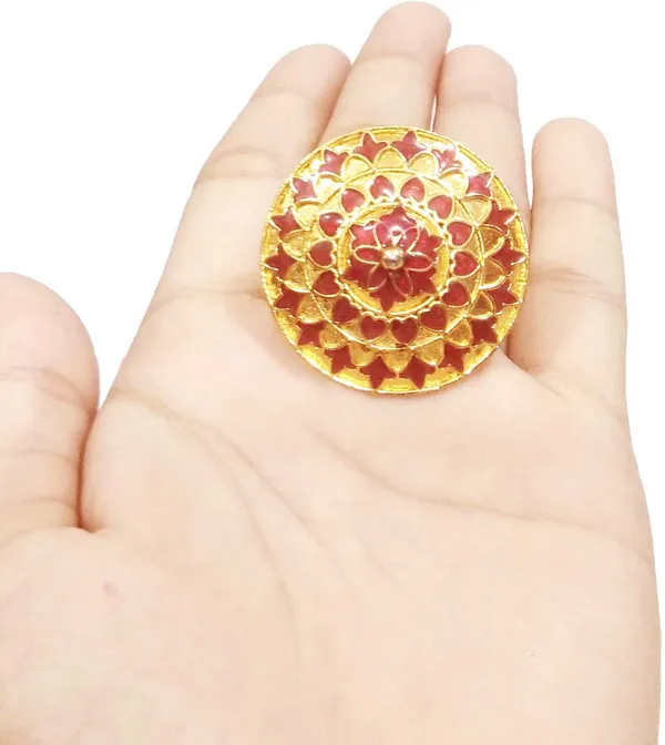 (Pack_Of_2)_Assamese_Traditional_Gold_Plated_Red_Meenakari_Finger_Ring_For_Girls_&_Women